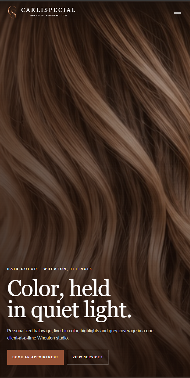 Carli Special mobile website screenshot, featuring its hair photography, Color, held in quiet light heading, and booking buttons