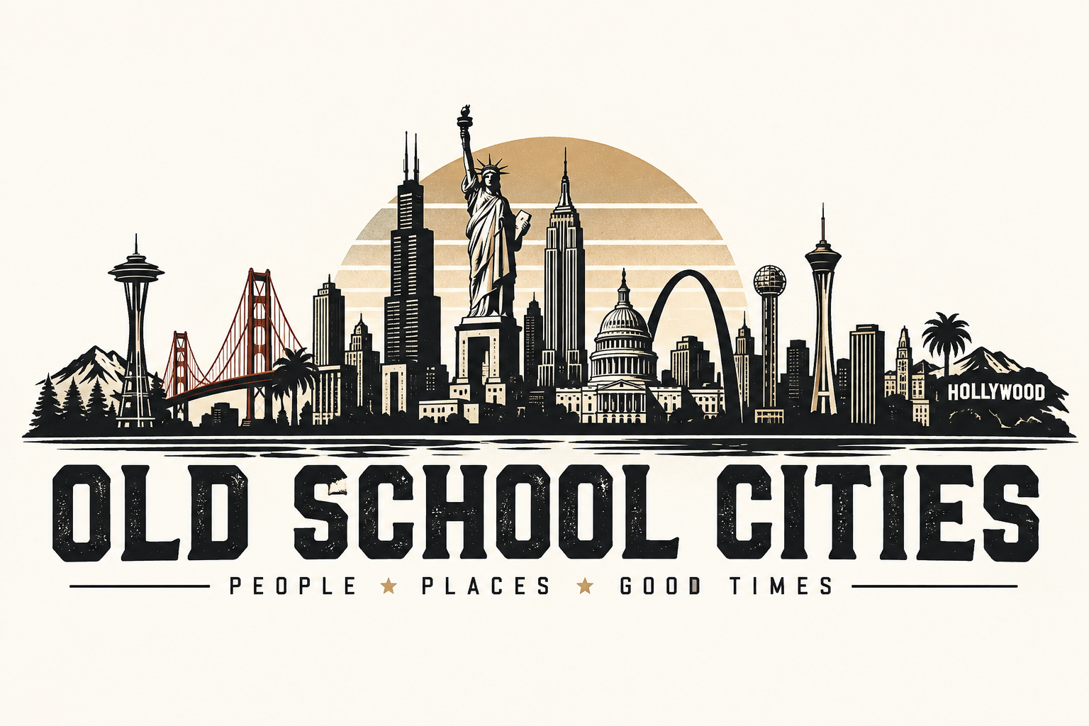 Old School Cities vintage skyline emblem in cream, charcoal and gold